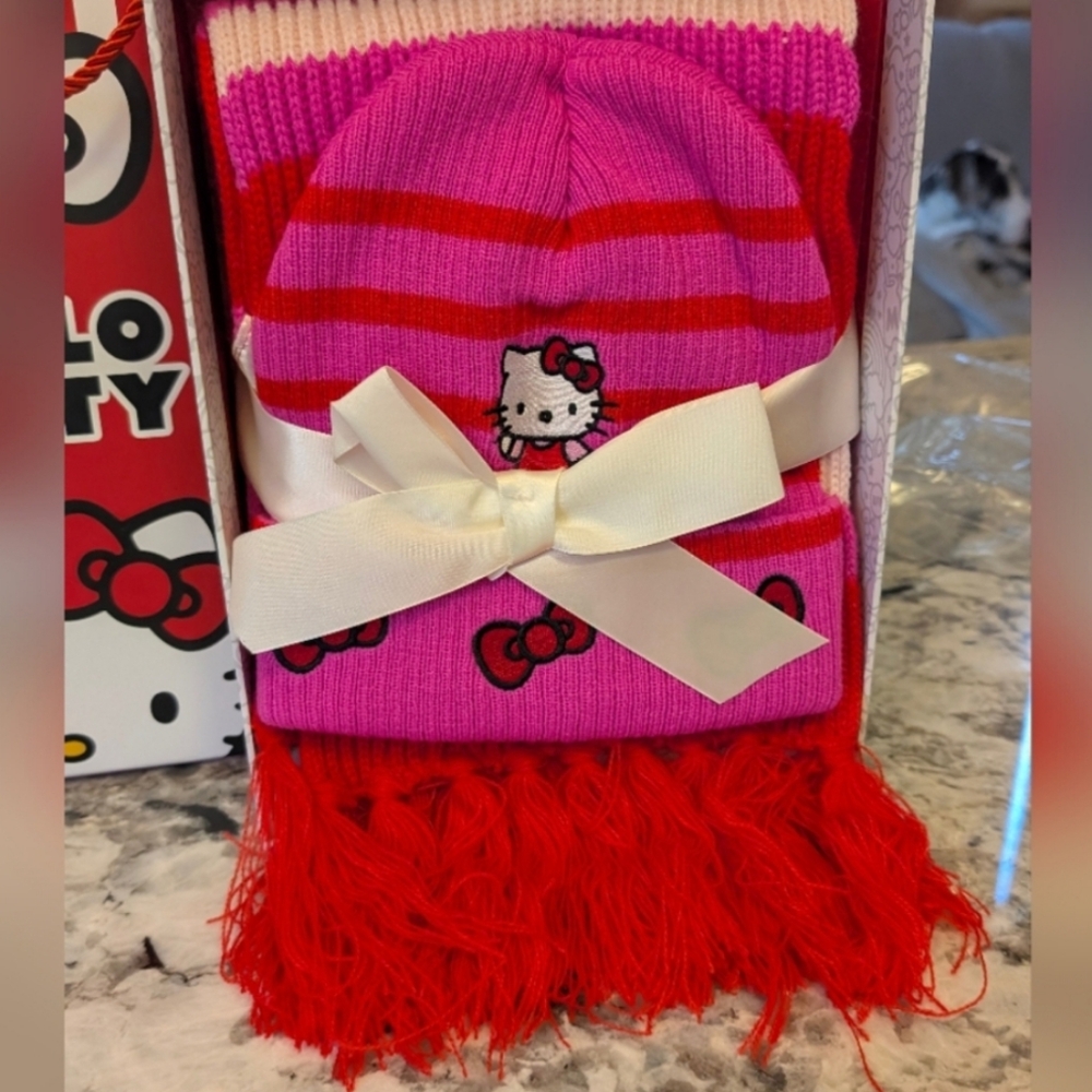Hello Kitty Pink and Red Beanie and Scarf Set